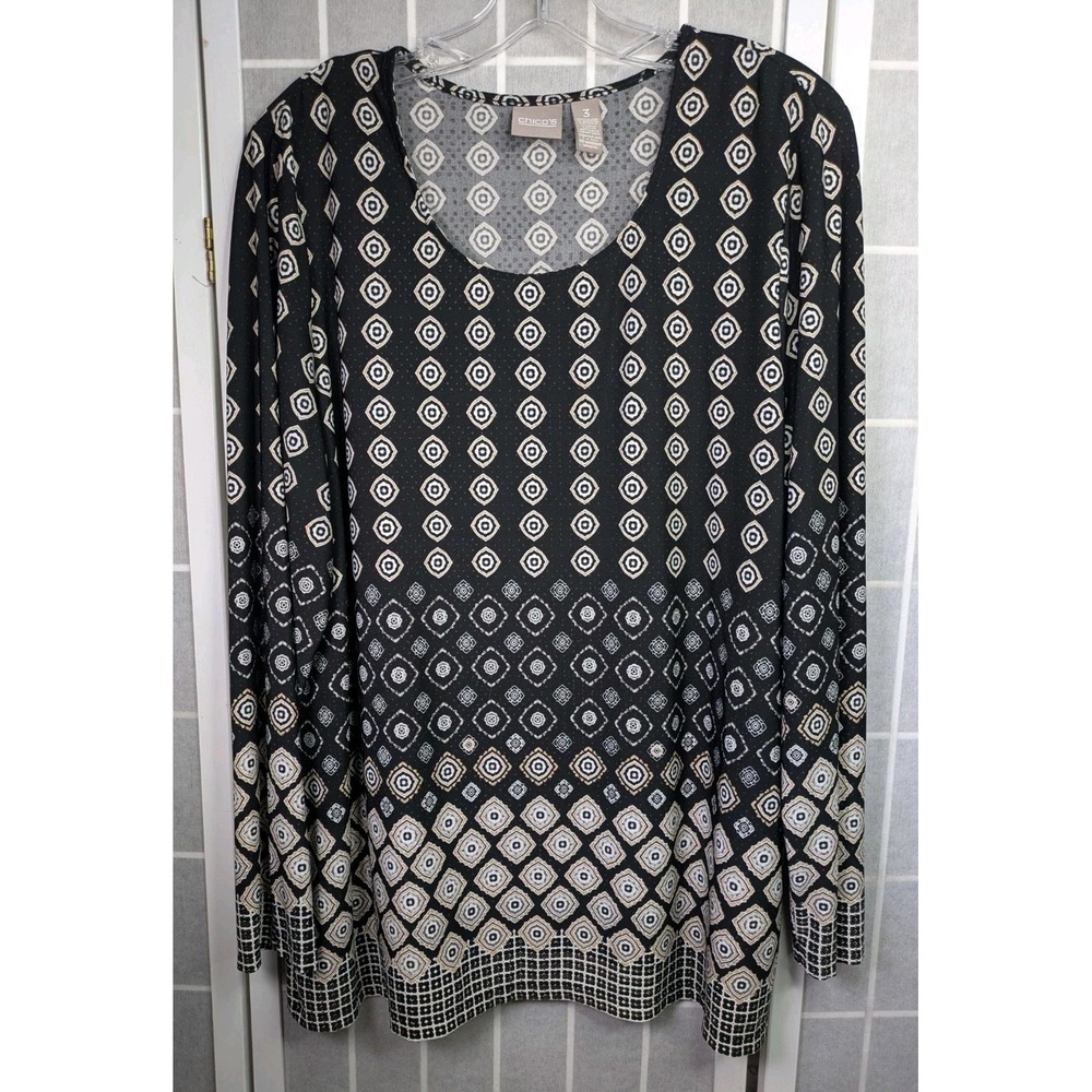 Chicos Womens Sz 3 (fits XL) Long Sleeve Shirt Beige White Geometric Relaxed Fit
